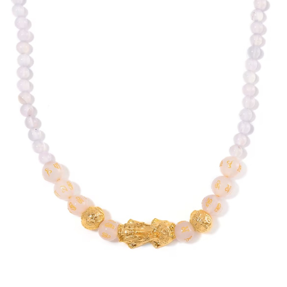 White Agate and Engraved Feng Shui Beads and Golden Pixiu